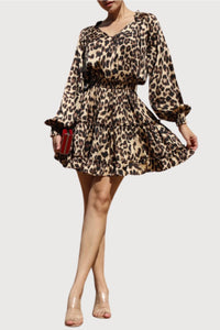 Satin Leopard Long Sleeve Dress