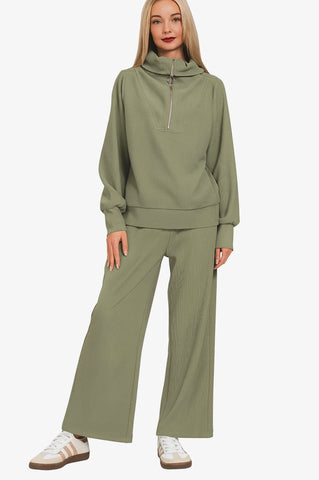 Ribbed High Neck Half Zip Pullover + Pants Set