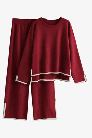 Knit Long Sleeve Border Sweater Top + Pants Set