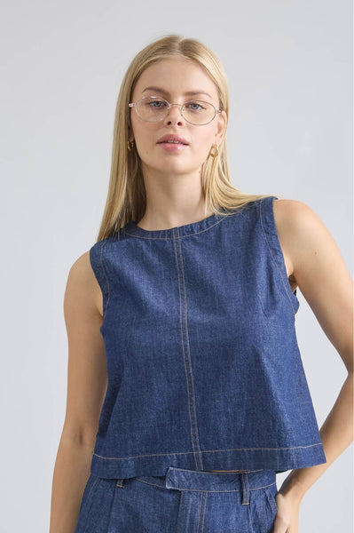 Cotton Denim Top Sin Mangas con Botones en Espalda