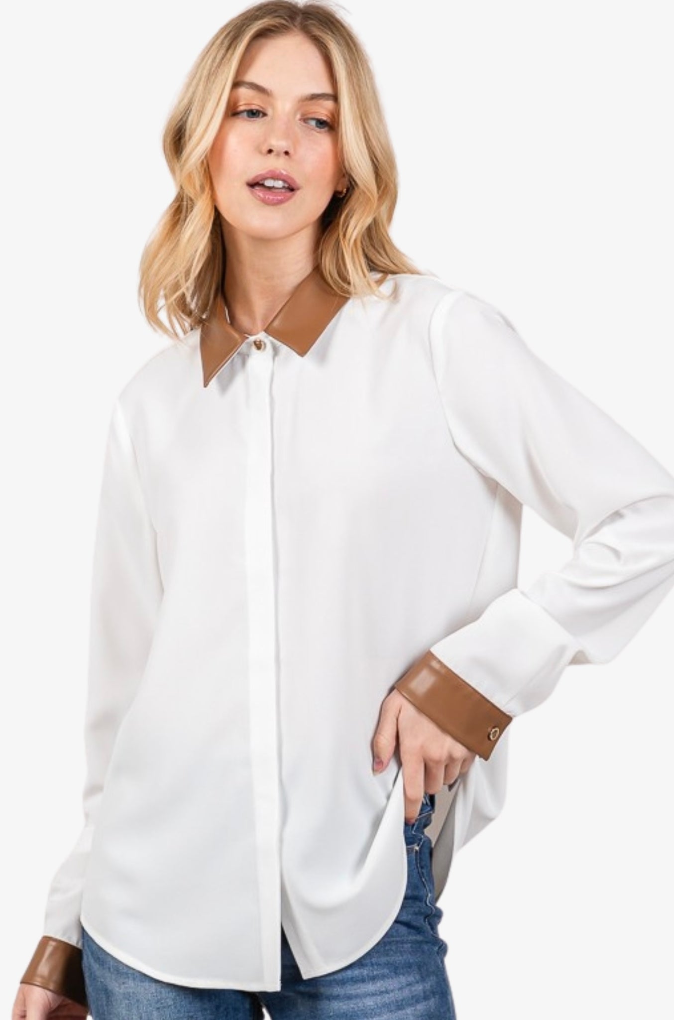 Faux Leather Contrast Crepe Dress Shirt