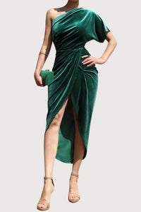 One Shoulder Velvet Ruched Midi Dress