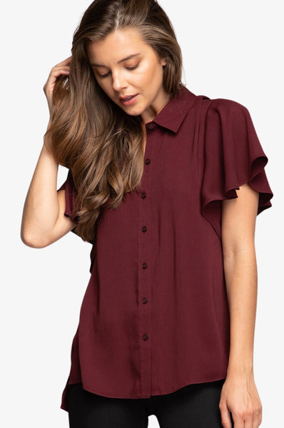 Short Flutter Sleeve Button Down Blouse