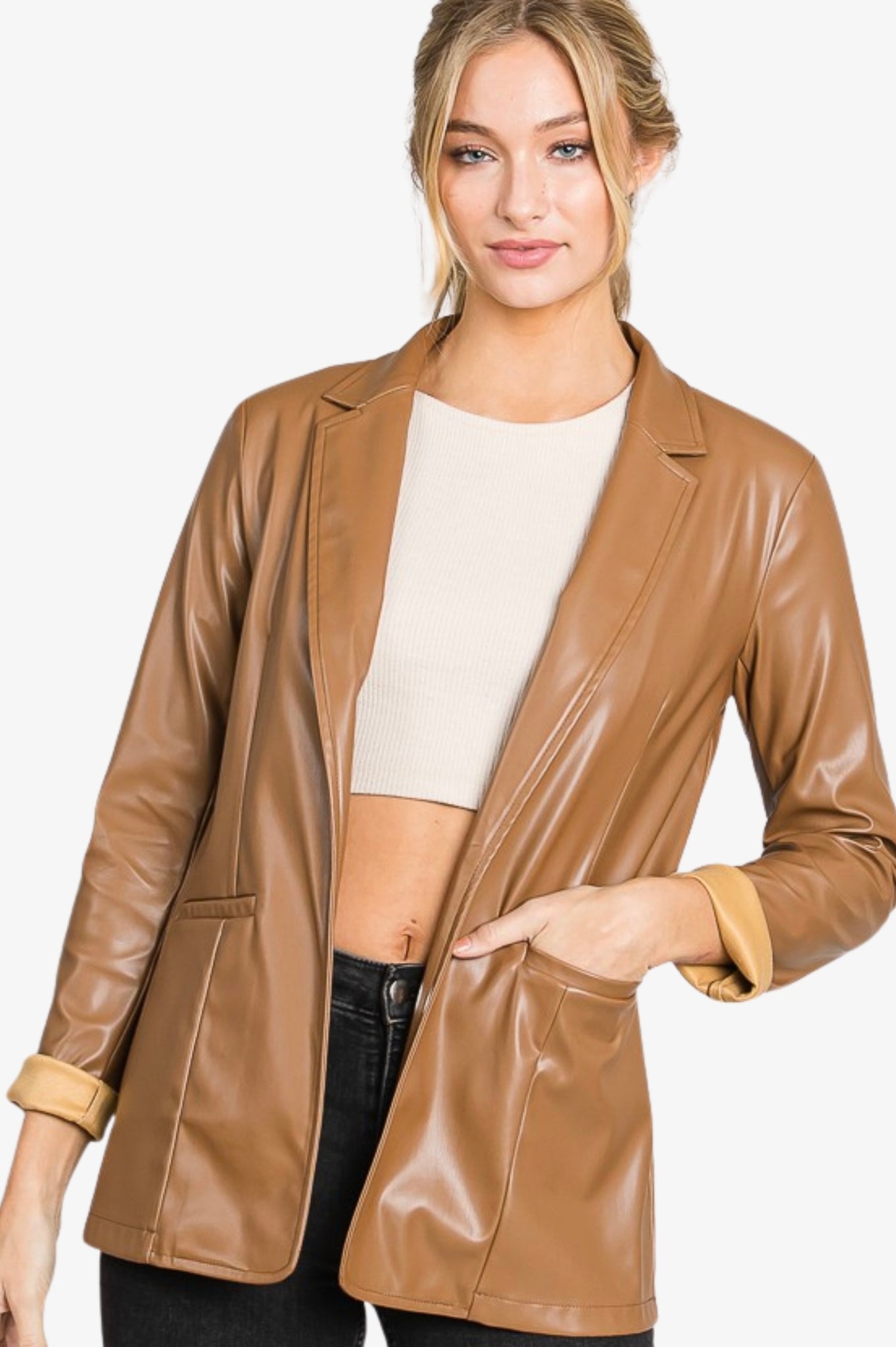 Faux Leather Long Blazer Jacket