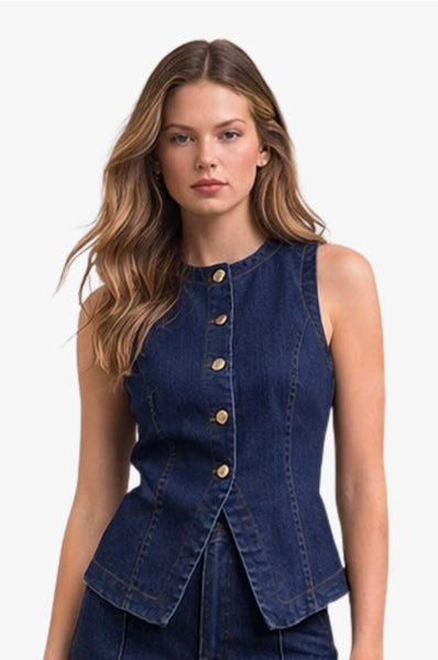 Round Neck Button Down Sleeveless Denim Vest