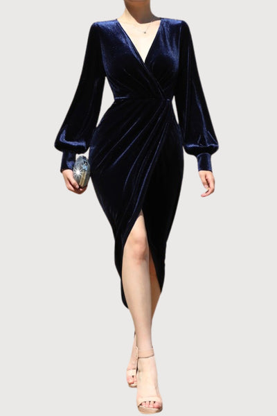 Stretch Velvet V-Neck Long Sleeve Midi Dress