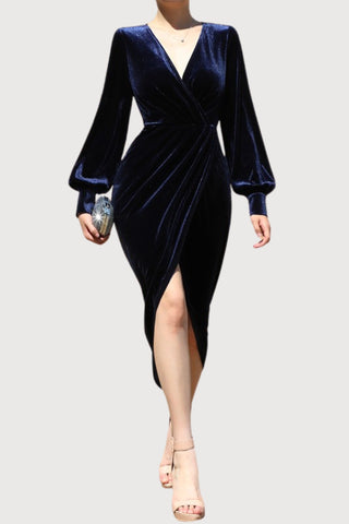 Stretch Velvet V-Neck Long Sleeve Midi Dress