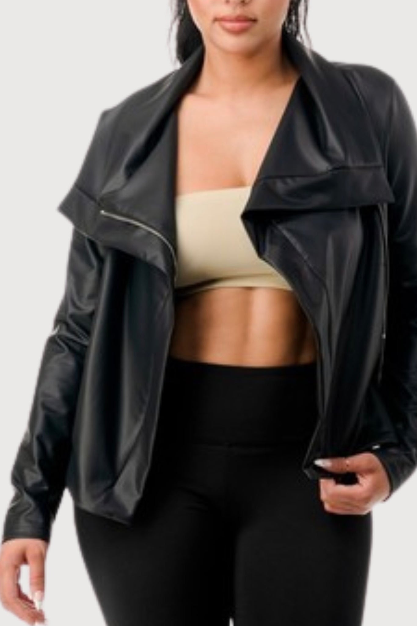 Soft Stretch Faux Leather WaterFall Jacket
