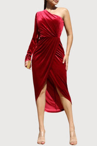 One Shoulder Stretch Velvet Midi Dress