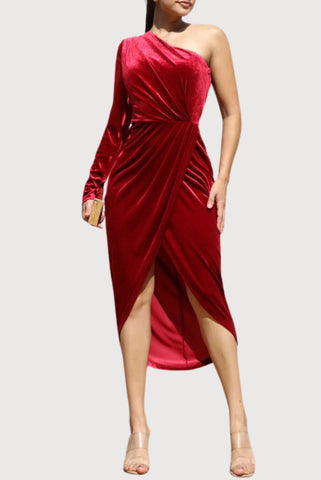 One Shoulder Stretch Velvet Midi Dress