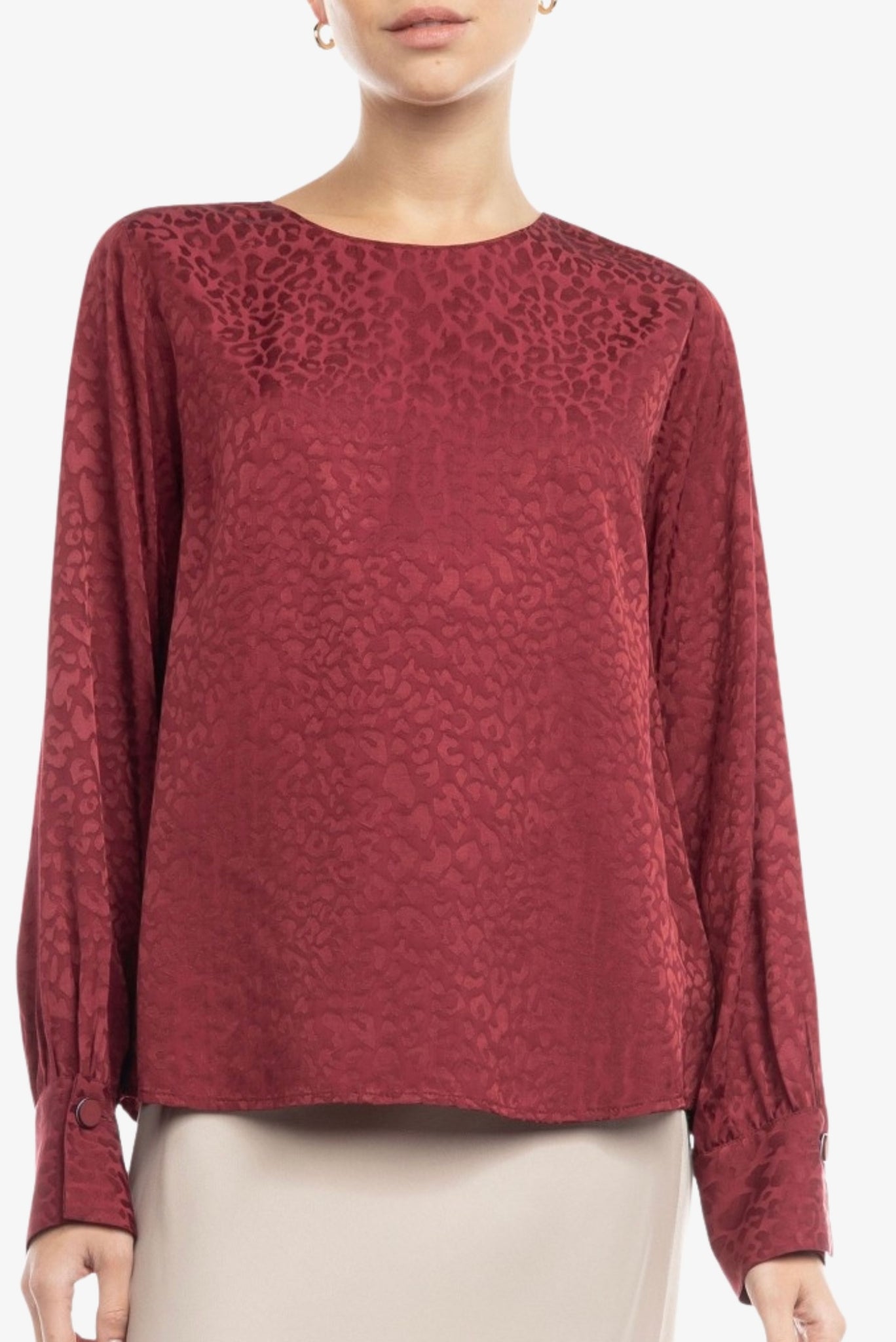 Leopard Jacquard Long Sleeve Blouse