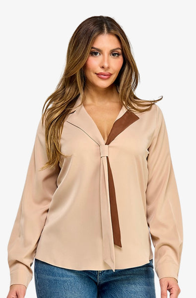 Contrast Tie Long Sleeve Blouse