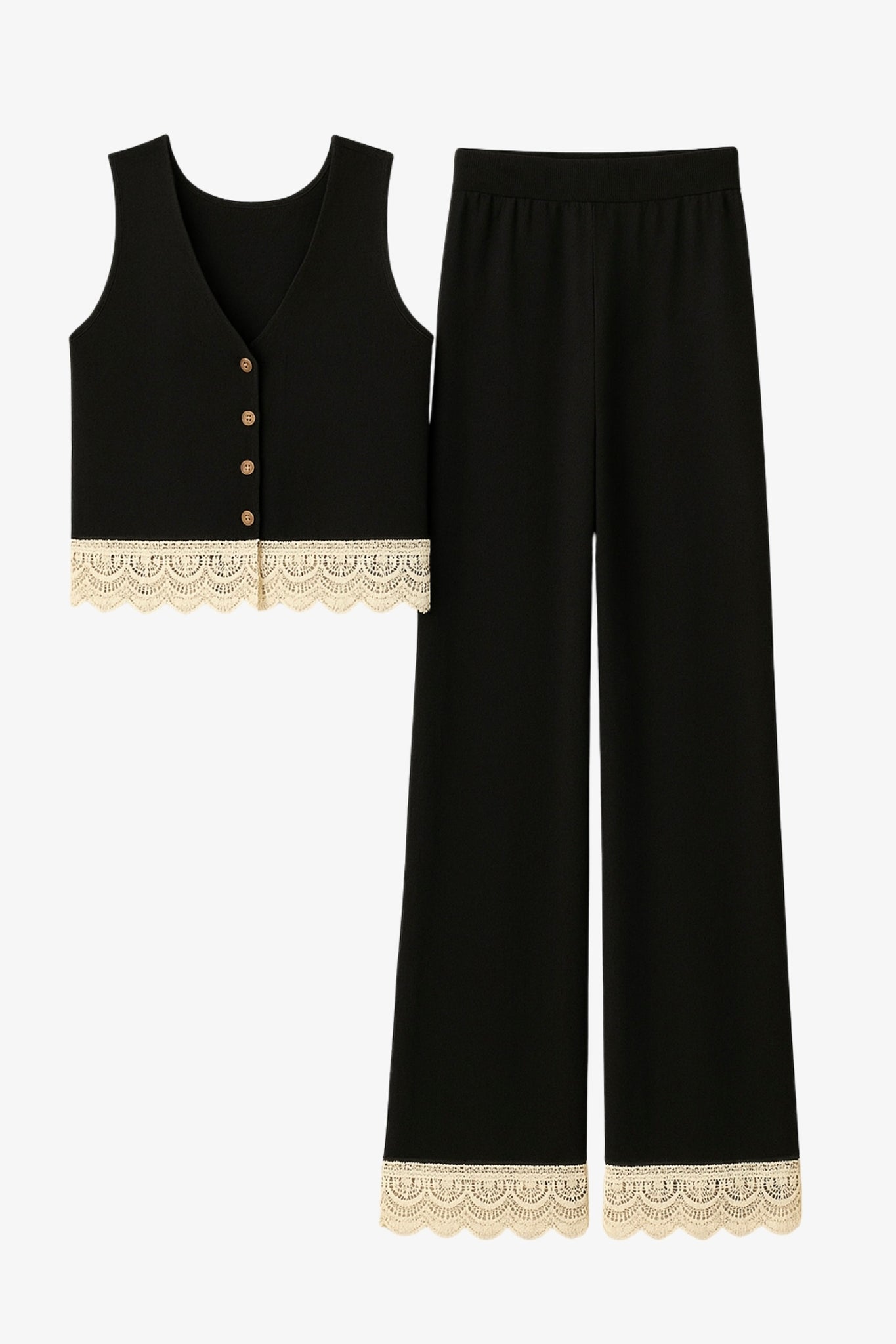 Knit Crochet Trim Vest + Pants Set