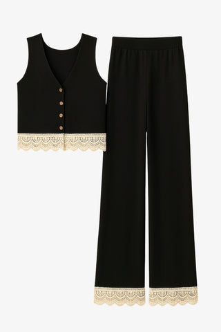 Knit Crochet Trim Vest + Pants Set