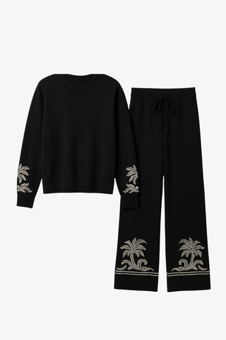 Knit Set Long Sleeve Palm Tree in Hem and Cuffs. (Sweater Top + Pants Set)