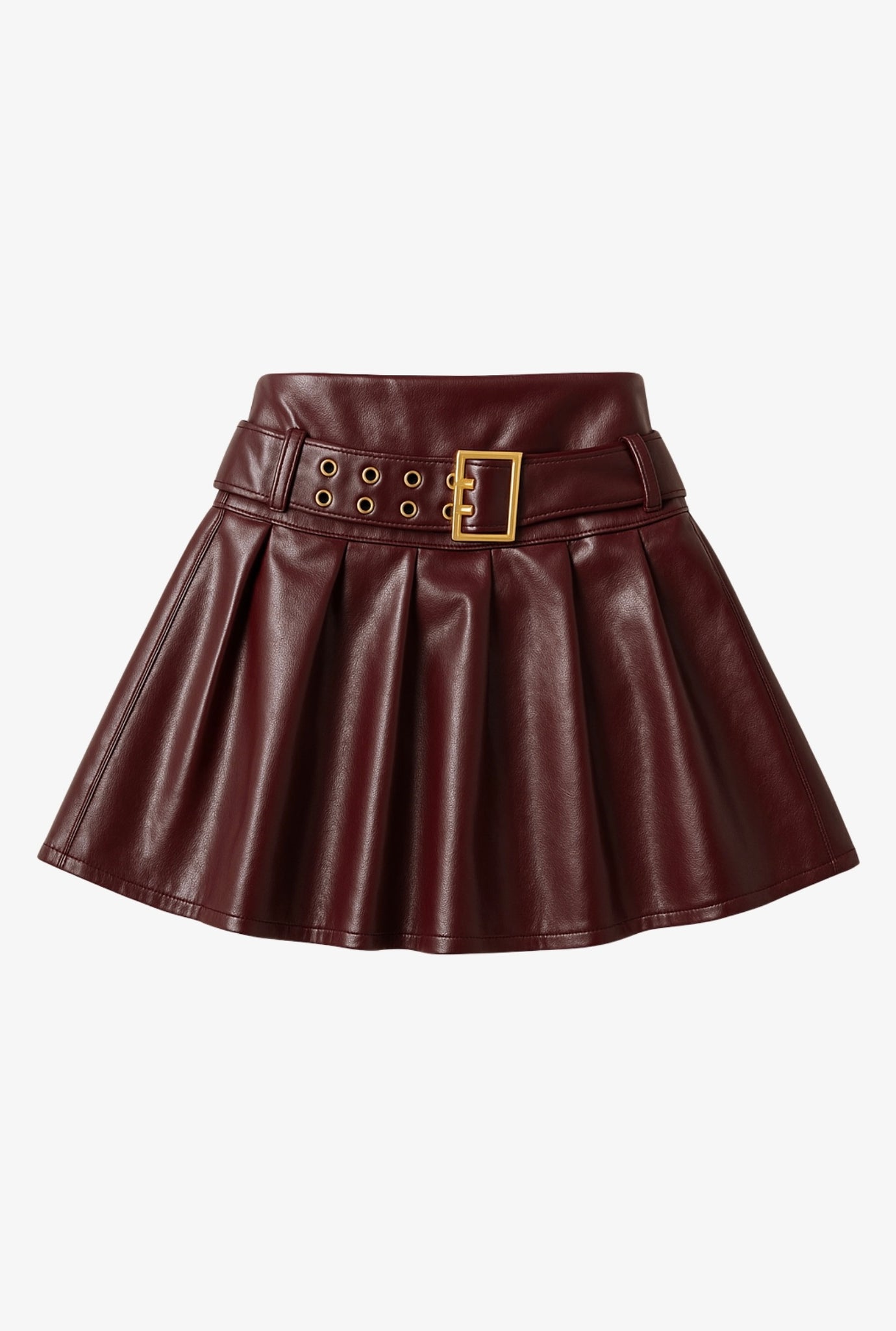 Faux Leather Pleated Skirt with Belt