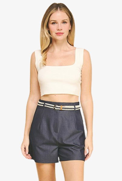 Super Soft Cotton Mix Denim Braided Belt Darted Shorts