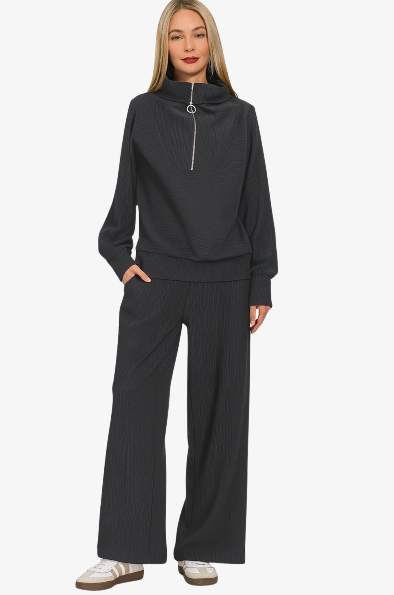 Ribbed High Neck Half Zip Pullover + Pants Set