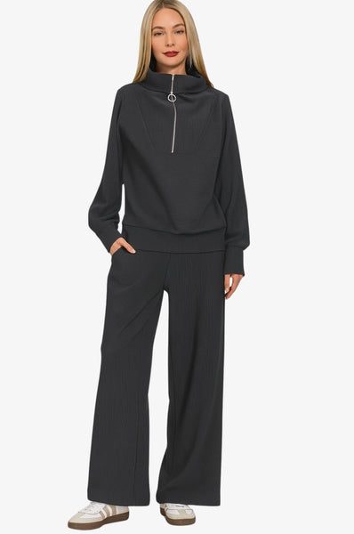 Ribbed High Neck Half Zip Pullover + Pants Set