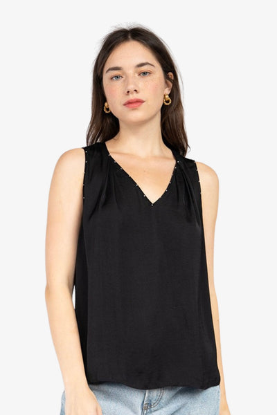 Satin Feel V-neck Sleeveless Top With Bead Trim Detail