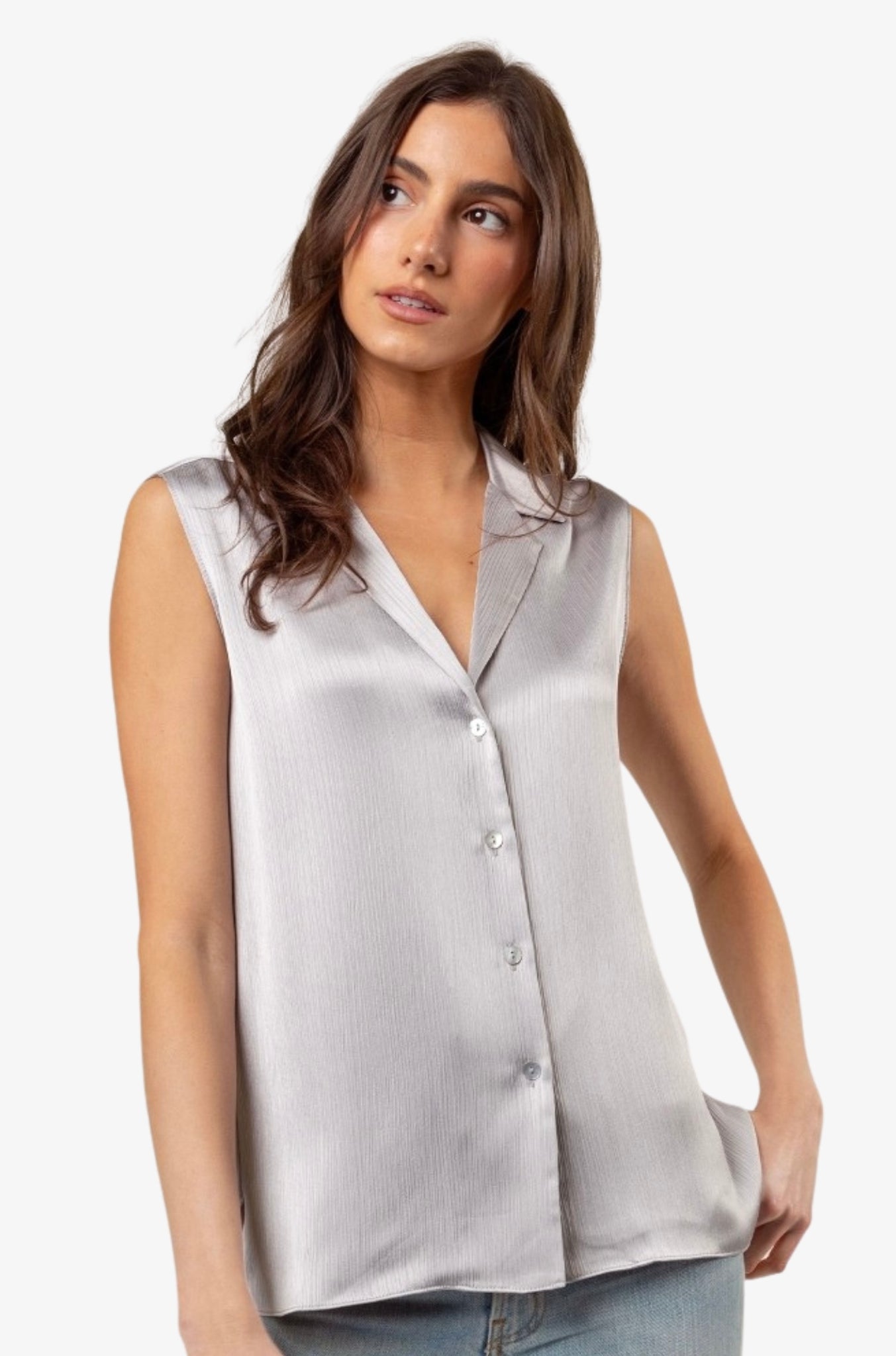 Satin Sleeveless Button Down Shirt In Crinkle