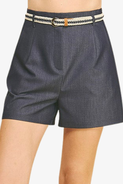 Super Soft Cotton Mix Denim Braided Belt Darted Shorts