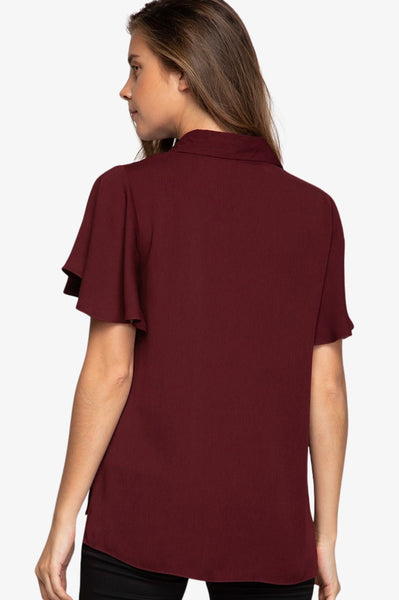 Short Flutter Sleeve Button Down Blouse