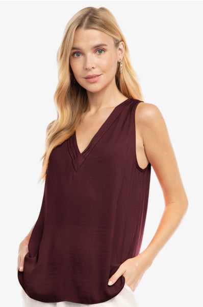 Pleated V Neck Sleeveless Blouse