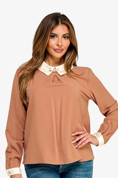 Pearl Brooch Contrast Collar and Cuffs Blouse