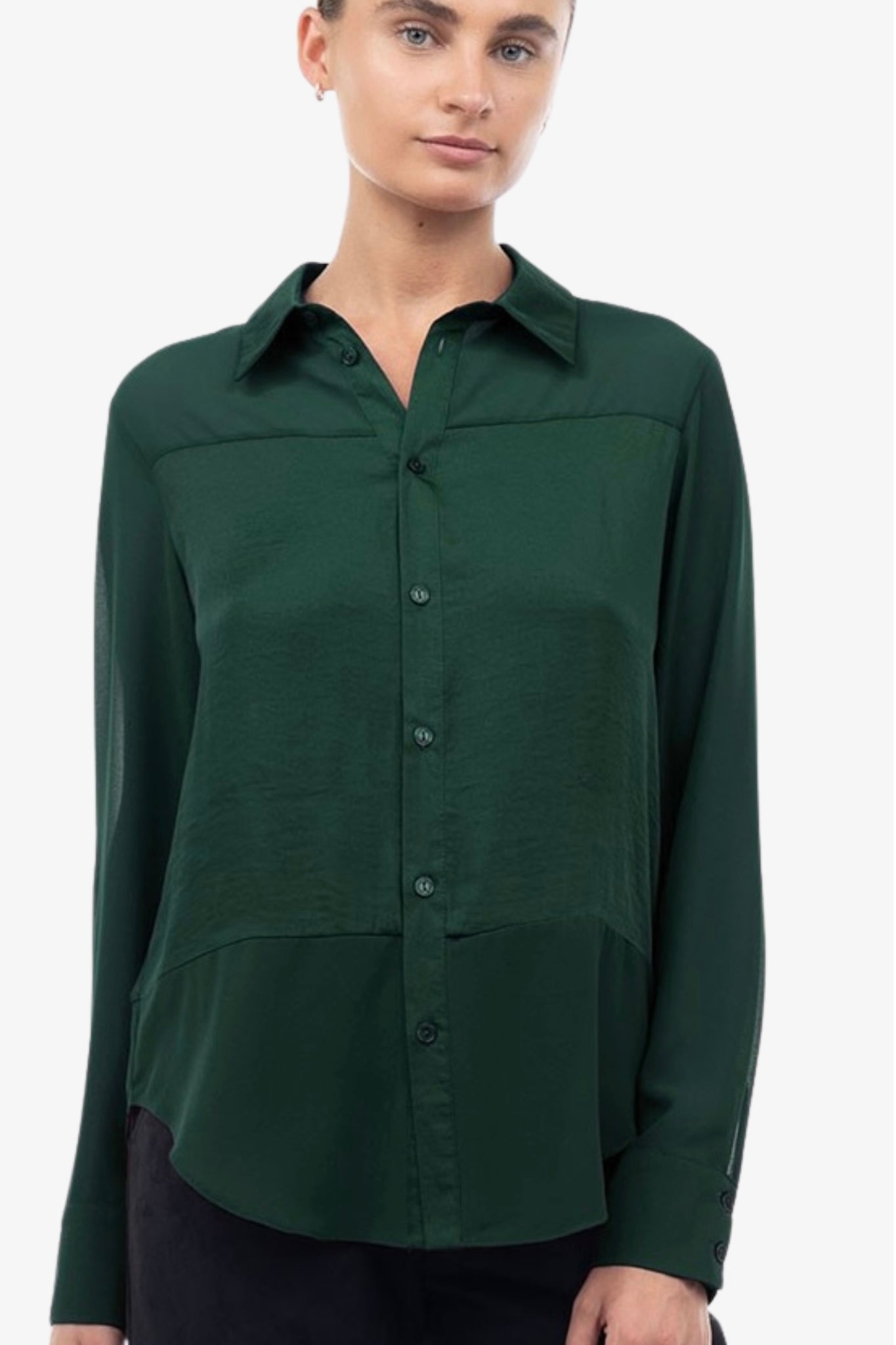 Satin Button Down Contrast Long Sleeve Blouse