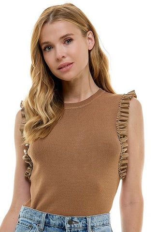 Knit Leather Ruffle Trim Sleeve Top