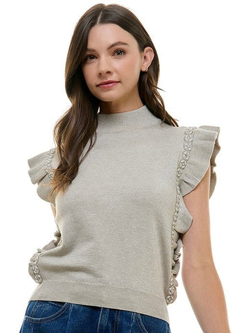 Metallic Knit Embellished Ruffle Sleeve Sweater Top