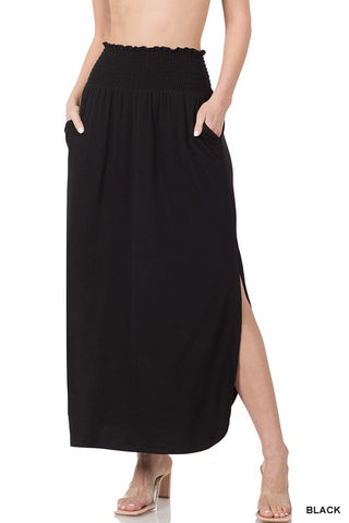 SMOCKED WAIST SIDE SLIT MAXI SKIRT