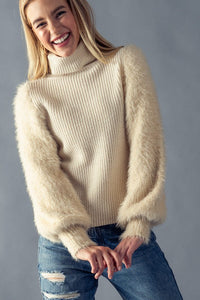 Turtleneck sweater - Contrast fur puff sleeves