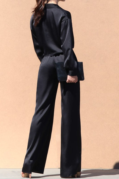 Satin Button Up Shirt Top + Wide Leg Pants Set