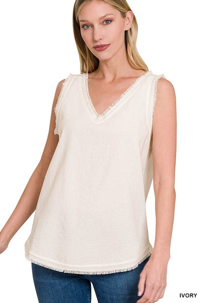 Linen Frayed Edge Sleeveless Top