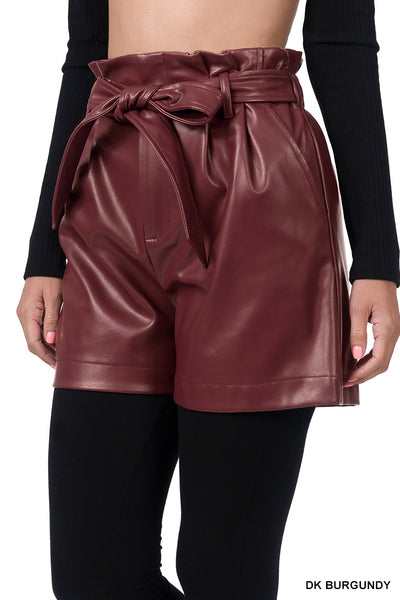 FAUX LEATHER TIE WAIST PAPERBAG SHORTS