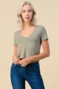 Cropped and Casual Solid V-Neck Tee