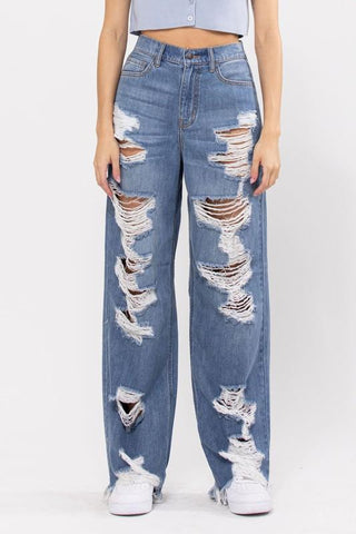 Jeans Tipo Vintage Deslavados Tiro Alto