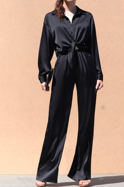 Satin Button Up Shirt Top + Wide Leg Pants Set