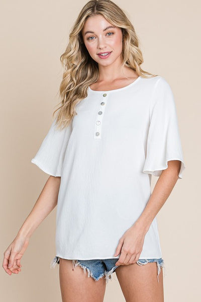 WOVEN WATERFALL SLEEVE BUTTON FRONT TOP