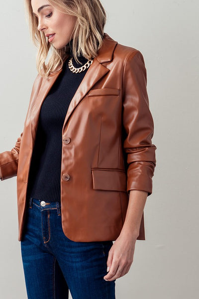 Faux Leather Solid Blazer