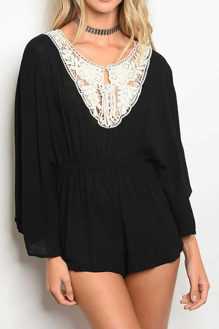 LONG SLEEVE SCOOP NECK GATHERED WAIST LACE DETAILED ROMPER