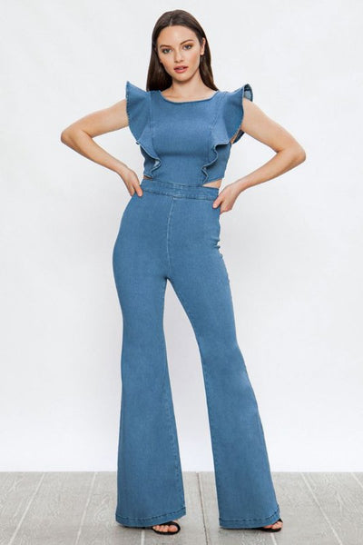 Stretch Ruffle Sleeves Denim Cut Out Jumpsuit