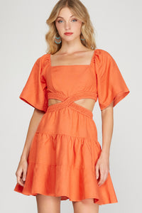 Flutter Half Sleeve Linen Tiered Dress with Open Waist