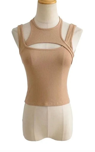 Ribbed Layered Halter Cut Out Tank Top