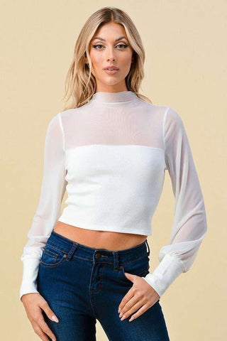 Sheer Mesh and Rib Mock Neck Top