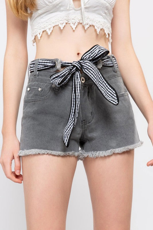 Gingham Cotton Belt Denim Shorts