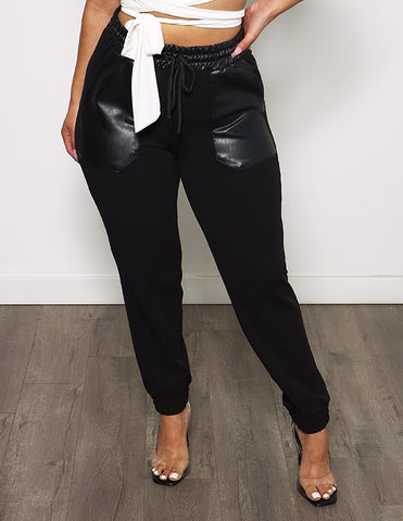Faux Leather Mix Fabric Jogger