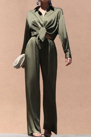 Satin Button Up Shirt Top + Wide Leg Pants Set